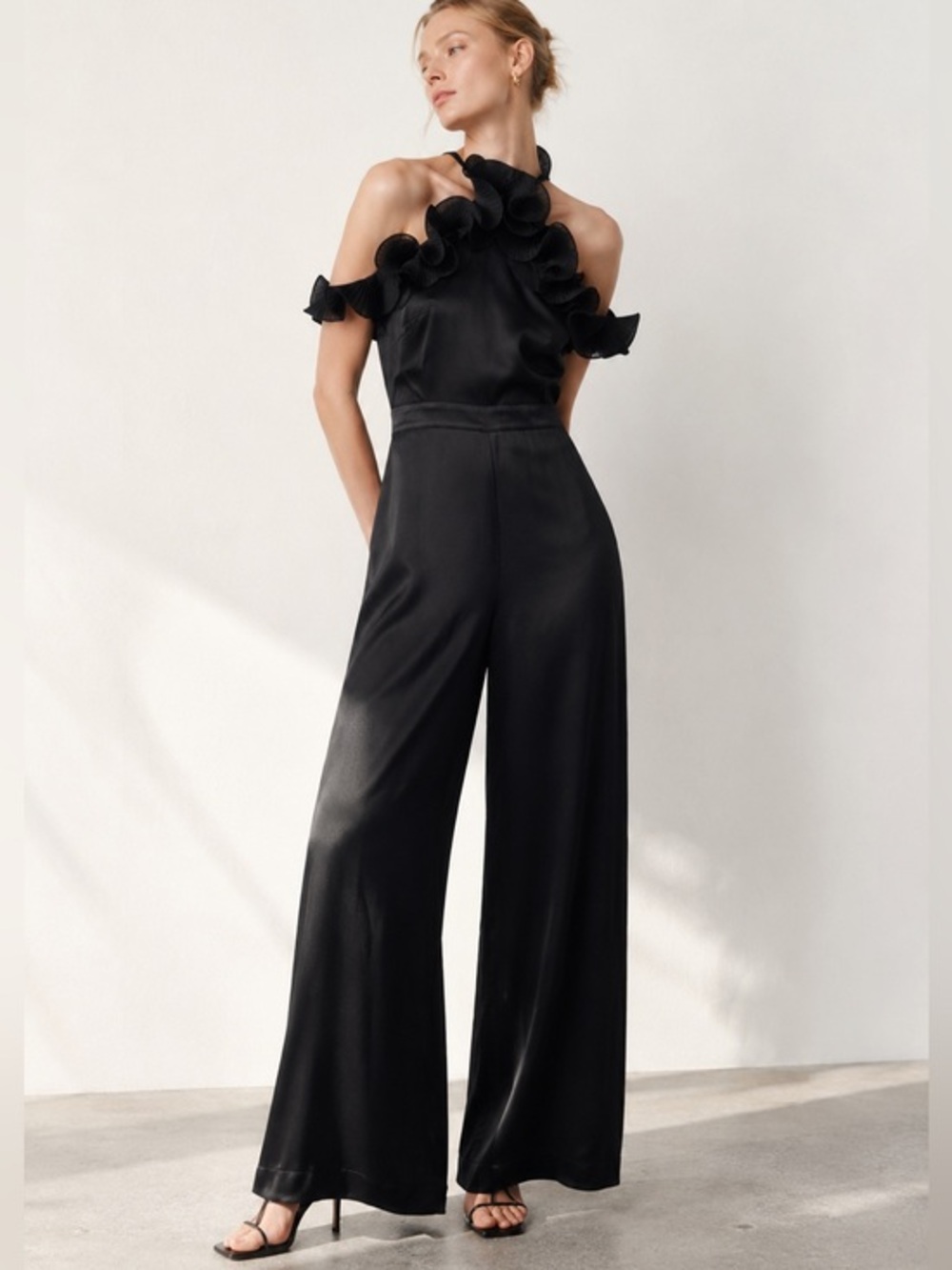 Zara black elegant ruffled halter satin pant jumpsuit L
